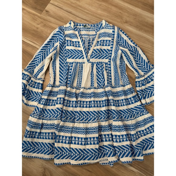 Devotion Twins Ella Santorini Dress Blue White Embroidered Tiered Cotton S d1 - Picture 3 of 8